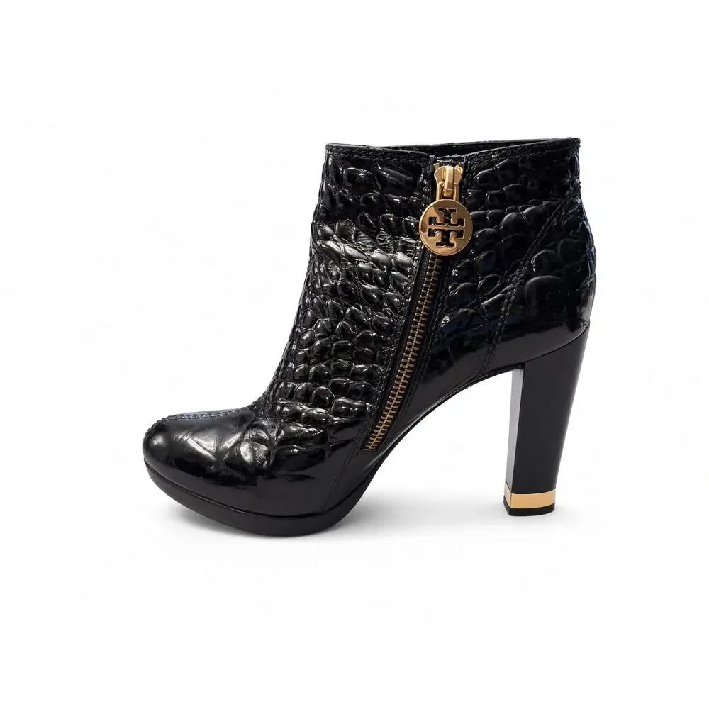 Tory Burch Black Croc Embossed Patent Platform Ankle Boots Size 6.5 Gold Logo